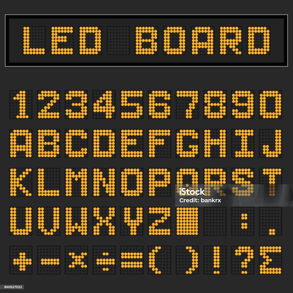 Orange LED digital english uppercase font, number and mathematics symbol display on black background Typescript stock vector
