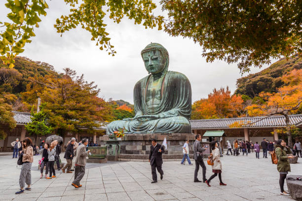 Tourists at statue of The Great Buddha of Kamakura, Japan KAMAKURA, JAPAN - NOVEMBER 10, 2016: Tourists at statue of The Great Buddha of Kamakura, Japan. Monumental outdoor bronze statue of Amida Buddha is one of the most famous icons in Japan. kamakura city photos stock pictures, royalty-free photos & images