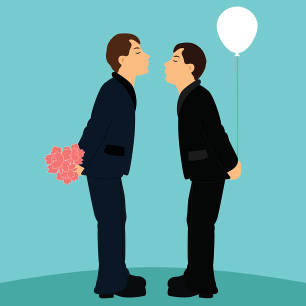 Cartoon gay couple in wedding suits. Cartoon gay couple in wedding suits. Grooms. Kiss. Flat design. Vector illustration gay wedding kiss stock illustrations