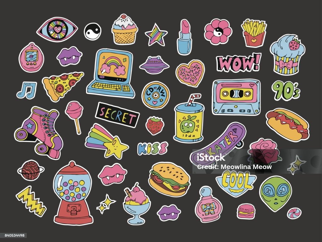 Cartoon 90s Style Patchesstickers Or Icons Set Stock Illustration -  Download Image Now - 1990-1999, Icon Symbol, Doodle - iStock