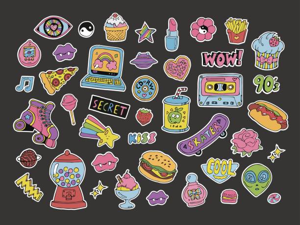 Cartoon 90s style patches,stickers or icons set Cartoon patches,stickers or doodle icons set with hand drawn colorful design elements and objects in 80s 90s style. Vector cd stock illustrations