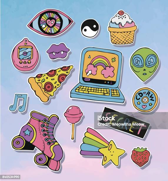 Cartoon Stickers Or Patches Set With 90s Style Design Elements Stock  Illustration - Download Image Now - iStock