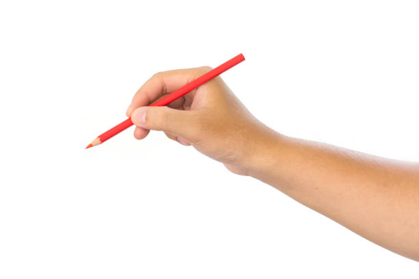 istock Men hand holding red pencil  isolated on white background 840539564