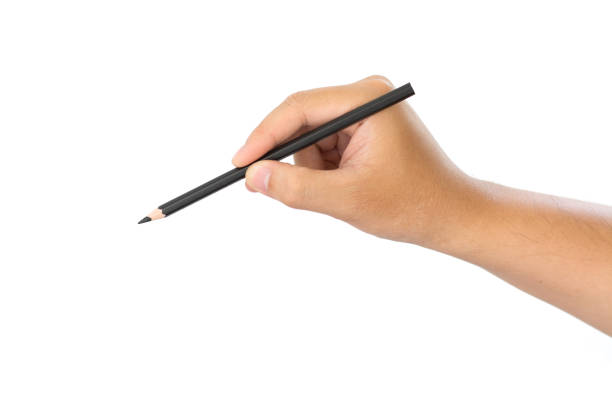 istock Men hand holding black pencil  isolated on white background 840540196