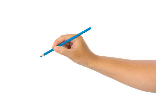 istock Men hand holding blue pencil  isolated on white background 840546882