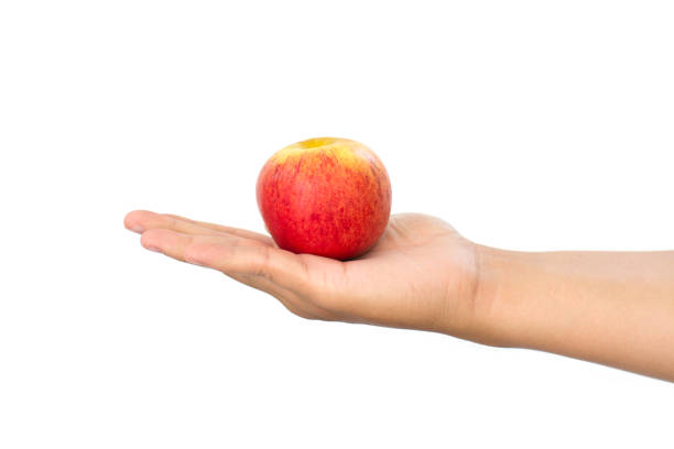 istock Men's hand holding red apple. Isolated on a white background. 840547752