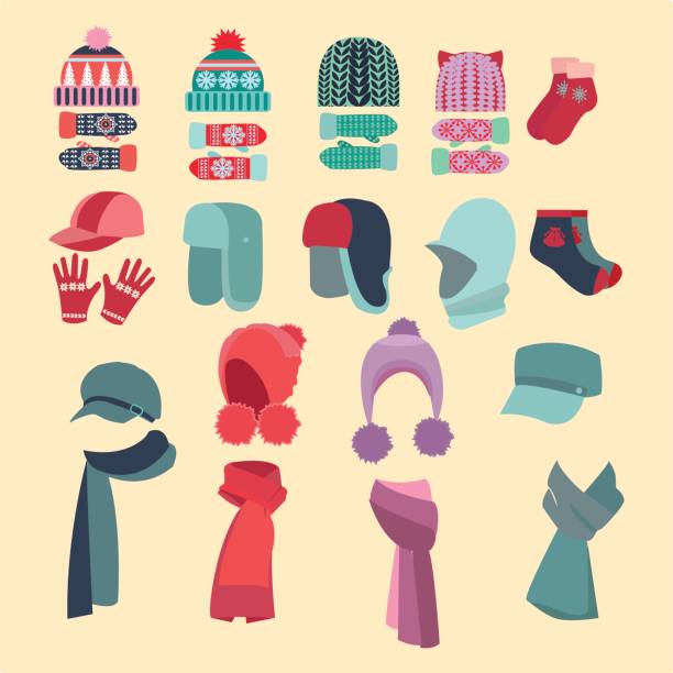 ilustrações, clipart, desenhos animados e ícones de conjunto de chapéus e para meninos e meninas em tempo frio - glove nobody colors wool