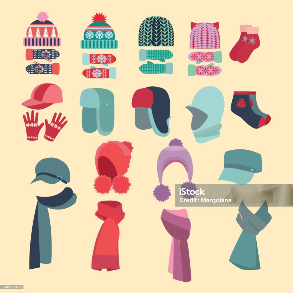 set of hats and for boys and girls in cold weather Set Vector collection of knitted woolen Hat and mittens. Winter hat, scarves and mittens vector illustration set winter icons. Scarf stock vector