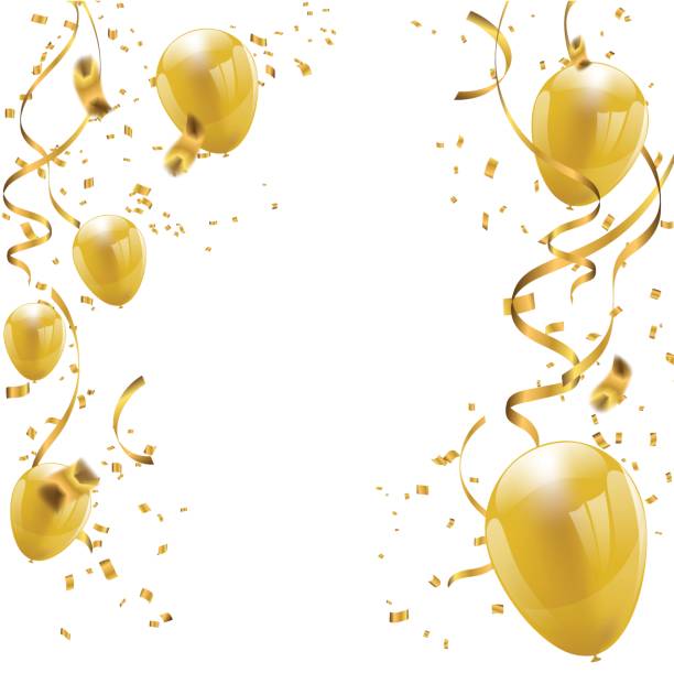stockillustraties, clipart, cartoons en iconen met viering partij banner met gouden ballonnen en serpentine. - gold confetti