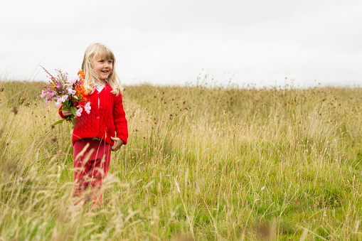A three year old girl is happy collecting flowers in a late summer autumn meadow