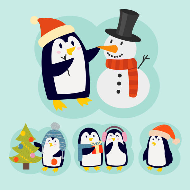 pinguin weihnachten vektor illustration charakter cartoon lustig süß tiere der antarktis polar schnabel pol winter vogel - antarctica penguin bird animal stock-grafiken, -clipart, -cartoons und -symbole