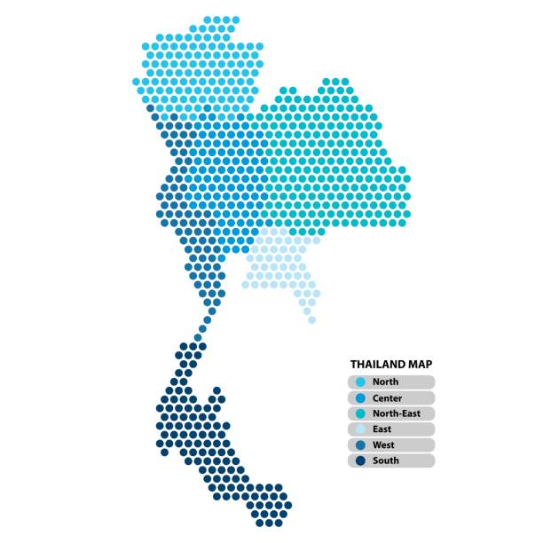 地方でタイ地図の青の円形は、白い背景に明るい色で着色。ベクトル図は点線スタイルです。 - southern thailand点のイラスト素材／クリップアート素材／マンガ素材／アイコン素材
