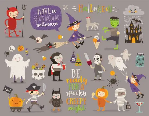 Vector illustration of Set of halloween sign, symbol, objects, items and cartoon characters