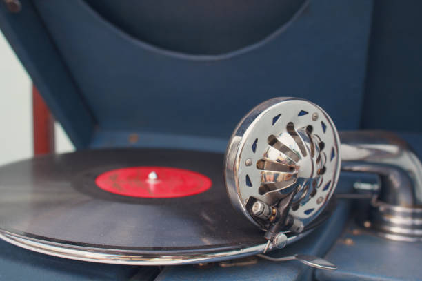 Detail old gramophone player close up. Music