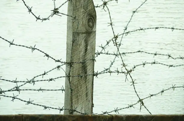 Barbed wire fence close up in the war zone to protect prisoners from escaping camp