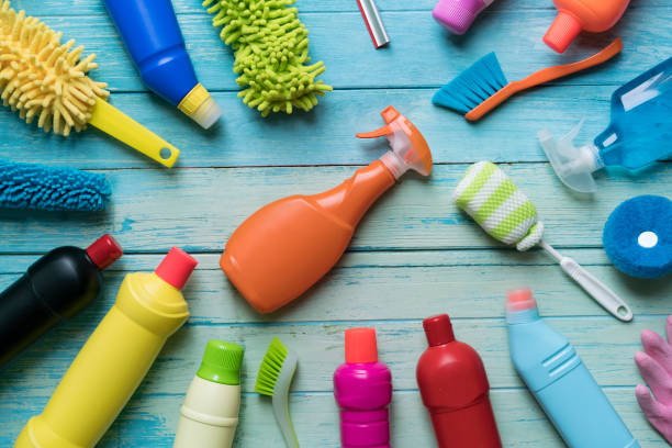 istock House cleaning product on wood table 840574968
