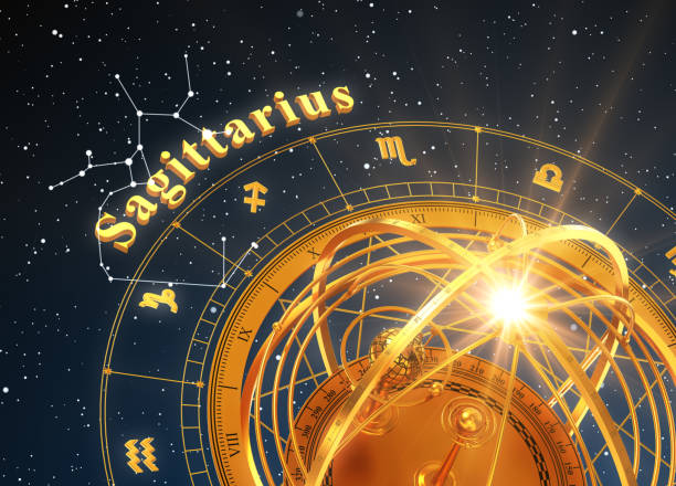 istock Zodiac Sign Sagittarius And Armillary Sphere On Blue Background 840575092