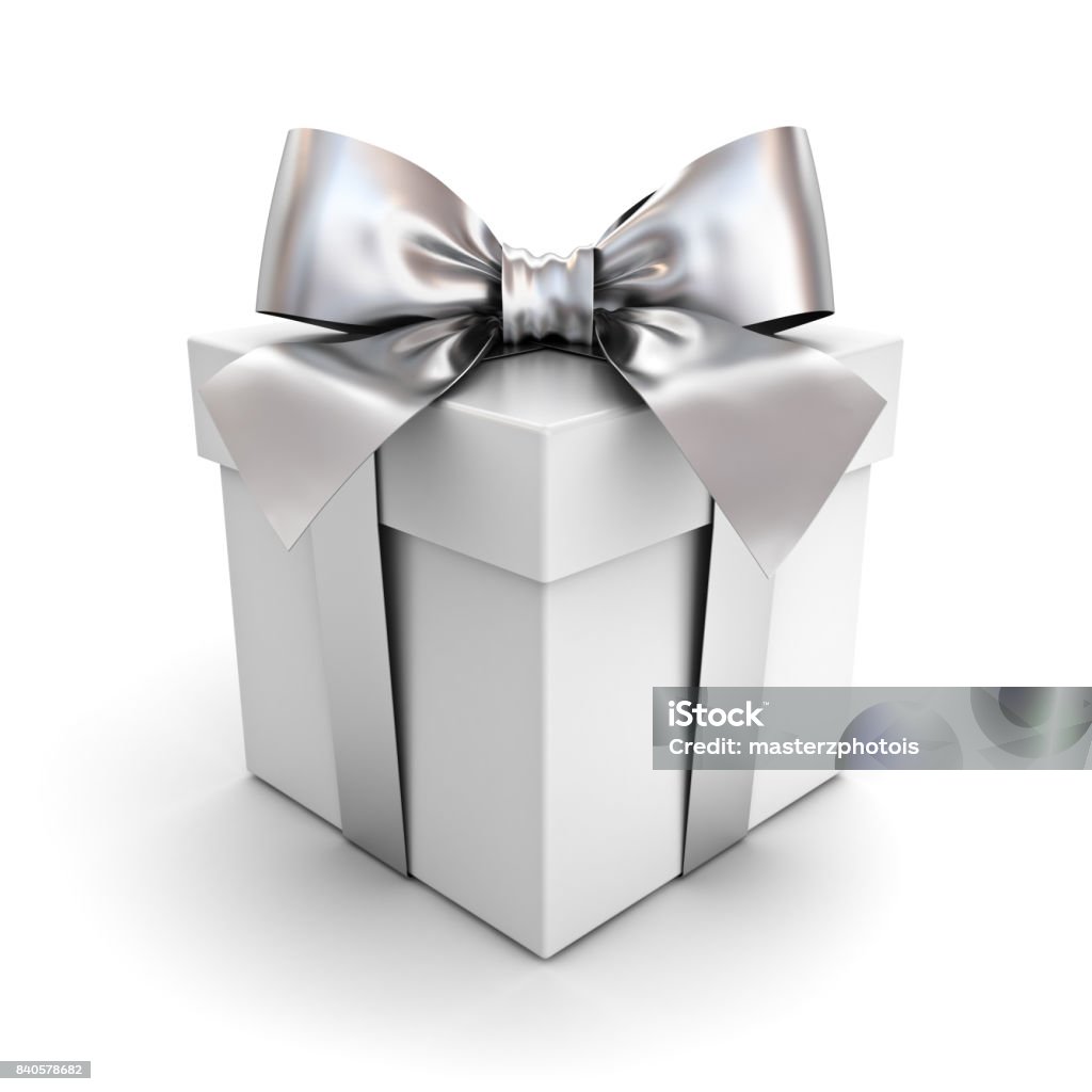 Caja de regalo o presente con cinta de plata arco aislado en fondo blanco con sombra. Render 3D - Foto de stock de Plata libre de derechos