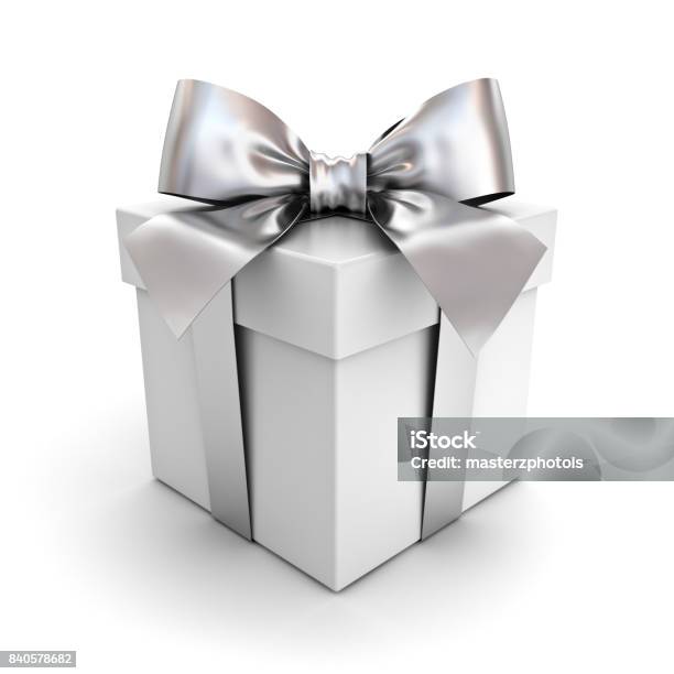 Caja De Regalo O Presente Con Cinta De Plata Arco Aislado En Fondo Blanco Con Sombra Render 3d Foto de stock y más banco de imágenes de Plata