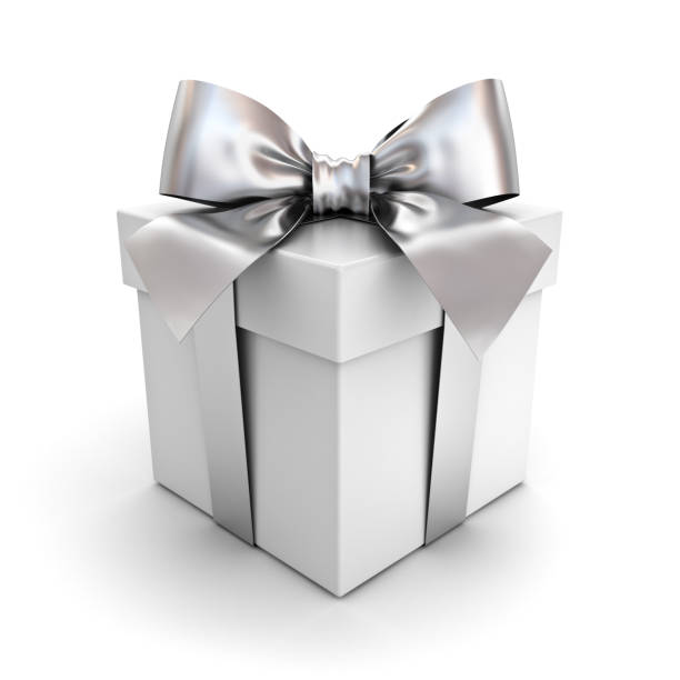 istock Gift box or present box with silver ribbon bow isolated on white background with shadow . 3D rendering 840578682