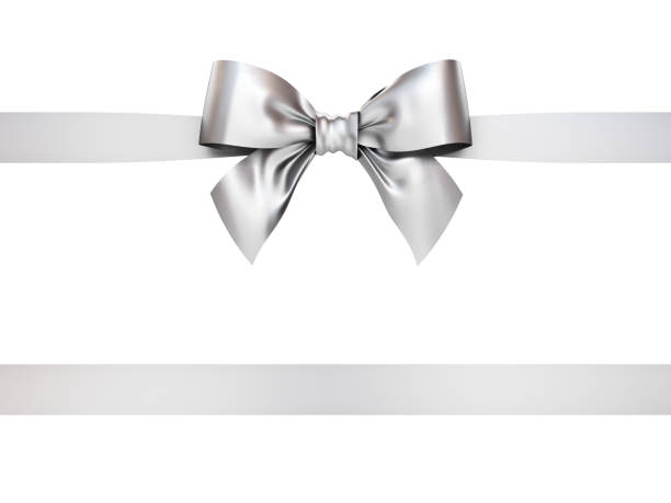 Silver gift ribbon bow isolated on white background . 3D rendering