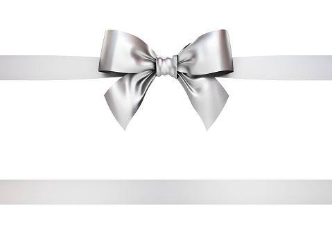 Silver gift ribbon bow isolated on white background . 3D rendering.
