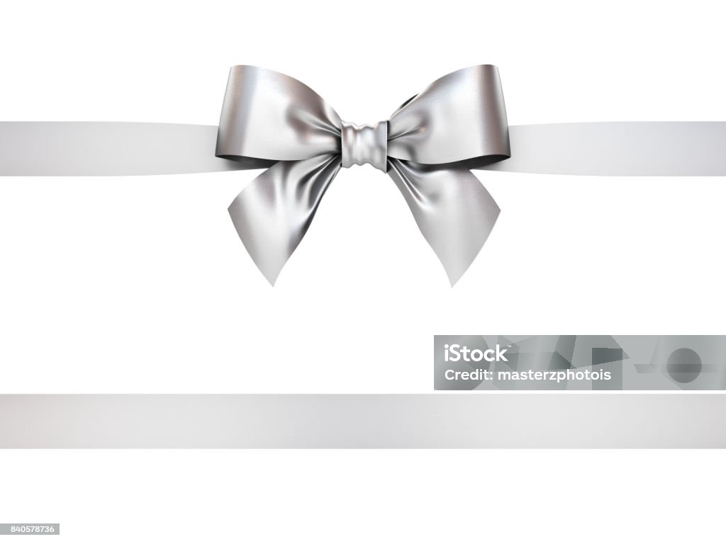 Silver gift ribbon bow isolated on white background . 3D rendering Silver gift ribbon bow isolated on white background . 3D rendering. Silver Colored Stock Photo