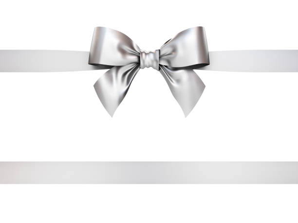 серебряная подарочная лента лук изолированы на белом фоне . 3d рендеринг - christmas ribbon shiny horizontal стоковые фото и изображения