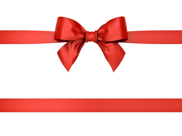 cinta de regalo roja arco aislado sobre fondo blanco. render 3d - lazo nudo fotografías e imágenes de stock