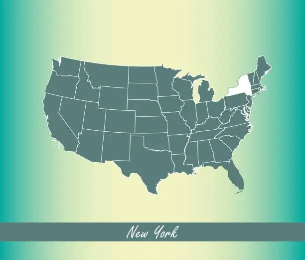 Vector illustration of New York map vector outline illustration highlighted in USA map vector blue background