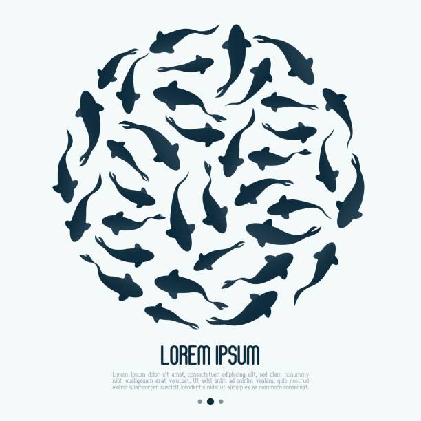 illustrations, cliparts, dessins animés et icônes de fond avec silhouette aquarelle poissons nageant dans le cercle. illustration vectorielle pour le menu du restaurant de poissons. - natural pool fish sea water