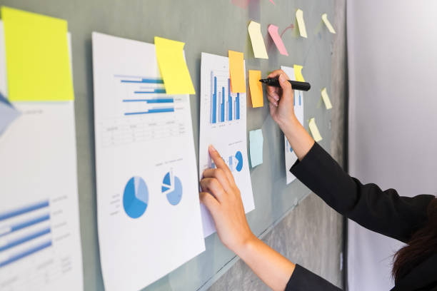 istock Working drawing on flipchart, businesswoman making new plan on board in during presentation in conference 840582138