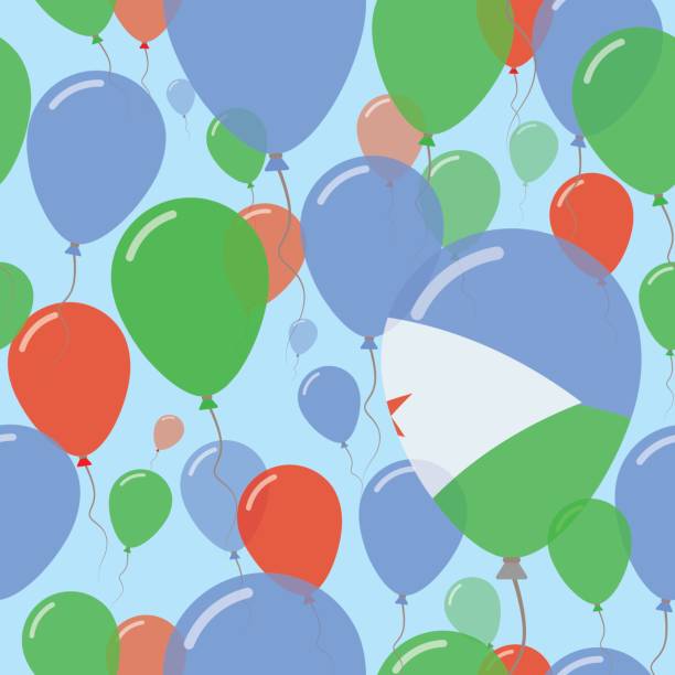 ilustrações de stock, clip art, desenhos animados e ícones de djibouti national day flat seamless pattern. flying celebration balloons in colors of djibouti flag. happy independence day background with flags and balloons. - 11275