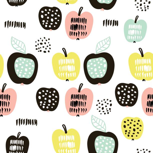 ilustraciones, imágenes clip art, dibujos animados e iconos de stock de patrón sin fisuras con frutas moderna creativas. fondo de moda dibujado a mano. ideal para tela y textiles. ilustración de vector - fashion palette