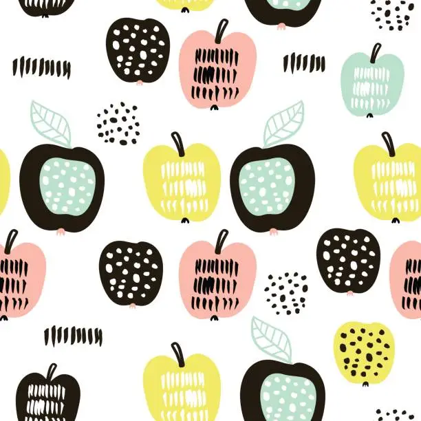 Vector illustration of Seamless pattern with creative modern fruits. Hand drawn trendy background. Great for fabric and textile. Vector Illustration