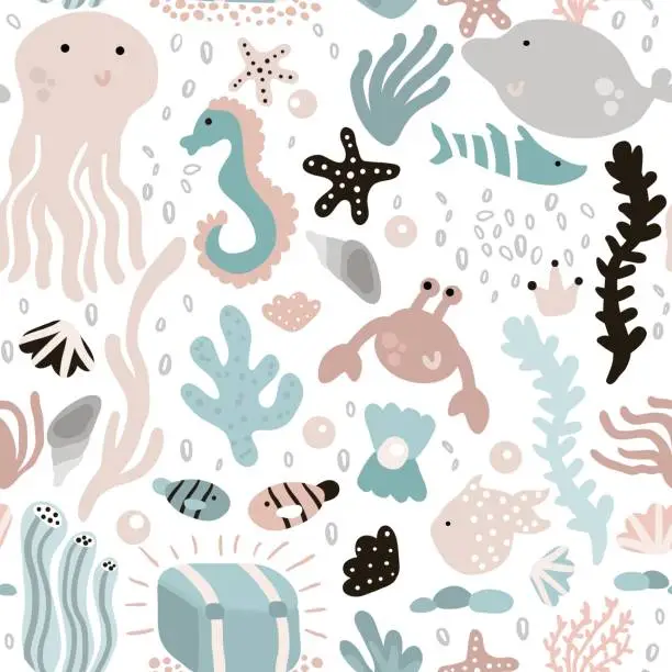 Vector illustration of Seamless pattern with undersea elements and fish,octopus,whale,seaweeds,crab. Childish texture for fabric, textile. Vector background