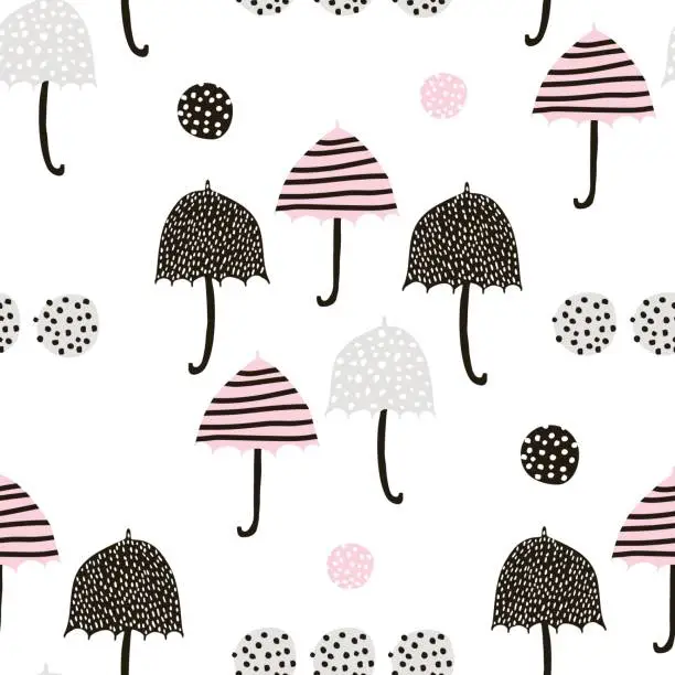 Vector illustration of Seamless pattern with hand drawn colorful umbrellas. Childish texture. Great for fabric, textile Vector Illustration