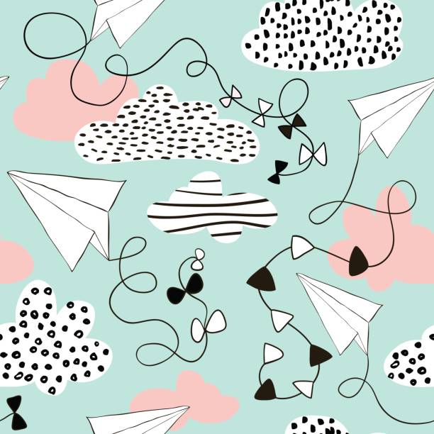 ilustraciones, imágenes clip art, dibujos animados e iconos de stock de aviones de papel de patrones sin fisuras y las nubes. fondo infantil creativo dibujado a mano. ilustración de vector - key pattern