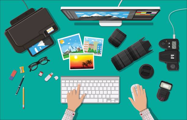 ilustrações de stock, clip art, desenhos animados e ícones de workspace of photographer. - pencil drawing flash