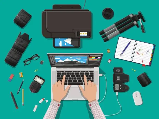 Vector illustration of Workspace of photographer.