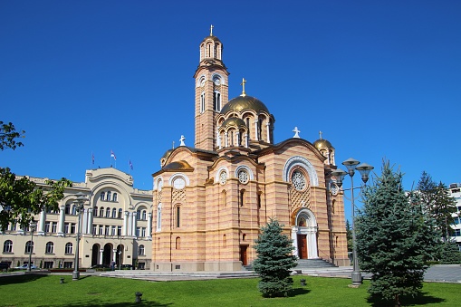 The Cathedral of Christ the Savior, a Serbian Orthodox Church, and town hall, in Banja Luka, Bosnia and Herzegovina. The church was reconstructed from 1993 to 2004. South-East Europe.