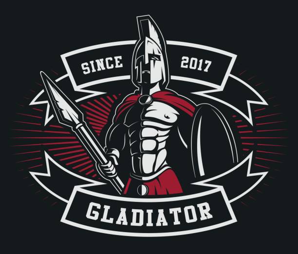 Gladiator emblem with a spear Gladiator emblem with a spear on dark background. Text is on the separate layer. roman army stock illustrations