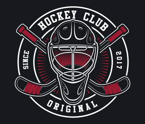 Hockey helmet with sticks emblem Hockey helmet with sticks on dark black background. Text is on the separate layer. hockey stock illustrations