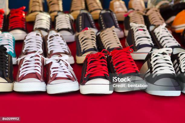 Sneaker Shoes For Sale In Shop Stock Photo - Download Image Now - Abstract, Arts Culture and Entertainment, Bazaar Market
