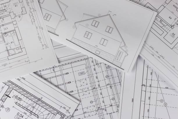 Plans of building. Architectural project. Floor plan designed building on the drawing. Engineering and technical drawing, part of architectural project.