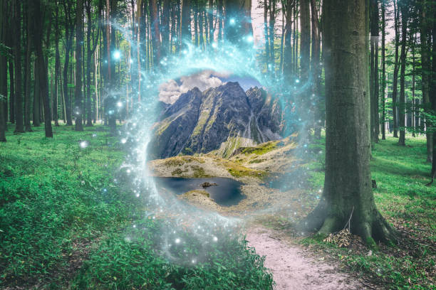 istock Magical portal between green forest and mountains 840617556