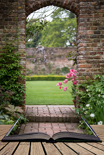 Archway in old English country garden landcape in Spring with tulips and border plants concept coming out of pages in open book