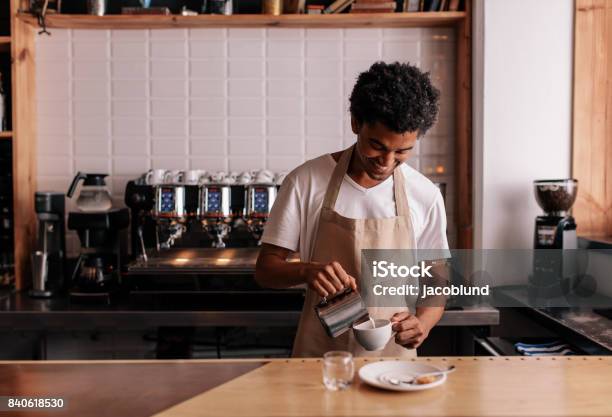 Professional Barista Preparing Coffee On Counter Stock Photo - Download Image Now - Barista, Pouring, Coffee - Drink