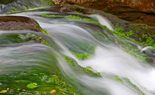 Close-up of flowing water of a small waterfall in Great Smoky Mountains National Park, Tennessee, USA