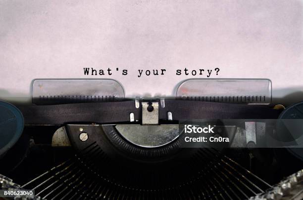Whats Your Story Typed On A Vintage Typewriter Stock Photo - Download Image Now - Storytelling, Writing - Activity, Typewriter